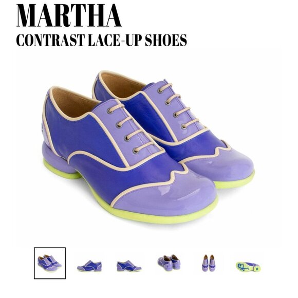 LAST Fluevog Martha Fellowship Lace Up Purple Neon Green 7.5 7 Leather Retro - Picture 3 of 15